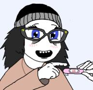 beanie blue_eyes blush blushing brown_shirt coomer_artstyle cute cute_girl dress girl glasses hair pregnancy pregnancy_test pregnant variant:soytan wholesome // 811x786 // 64.1KB