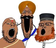 3soyjaks beard brown_skin clothes glasses hat hindu india islam mustache open_mouth sikh soyjak stretched_mouth stubble taqiyah trend:soyjak_trio turban variant:gapejak variant:markiplier_soyjak variant:tony_soprano_soyjak // 968x832 // 190.7KB