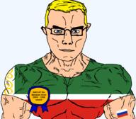 1994 1996 arm award blue_eyes buff chechnya closed_mouth clothes crescent first_chechen_war flag flag:chechnya flag:russia glasses hair islam russia soyjak star_(symbol) star_and_crescent subvariant:chudjak_front subvariant:muscular_chud text transparent transparent_background tshirt variant:chudjak vein war yellow_hair // 1059x929 // 69.5KB