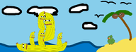 amphibian banana bapepe beach bird boat brown_skin chicken closed_mouth cloud coconut drawn_background frog full_body green_skin island long nas:pepe pepe pepe_the_frog sailing sea sky subnas:banana_pepe water yellow_skin // 2600x1000 // 286.9KB