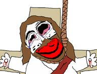 anhero arm beard blood bloodshot_eyes brown_hair christianity clothes cross crucifixion crying distorted glasses hair hand hanging jesus looking_at_you mustache red_lips religion rope subvariant:jartycuck trend:jartycuck trend:slopjak variant:chudjak // 1268x969 // 349.3KB