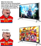 amerimutt anime clothes comic konosuba mcdonalds oh_my_god_she_is_so_attractive red_shirt soyjak stubble subvariant:impish_amerimutt variant:impish_soyak_ears wcdonalds // 1920x2160 // 2.6MB