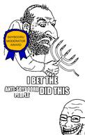 angry anti_soybooru award clothes glasses grin happy_merchant hat jewish_nose judaism kike kike_nose kippah looking_at_you looking_down menorah moderator nas:happy_jewish nas:merchant open_mouth smile smug soybooru soybooru_janny soyjak stubble text trollface variant:soyak // 500x788 // 206.0KB