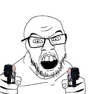 angry arm firearm glasses gun hand mustache open_mouth pointing pointing_at_viewer shooting soyjak stubble template variant:feraljak // 1500x1500 // 211.7KB