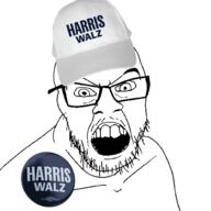 angry austin_texas badge button clothes gape gaping_mouth glasses hair harris_for_president hat kamala_harris mustache open_mouth soyjak stubble teeth texas text tim_walz variant:feraljak // 1500x1500 // 570.6KB