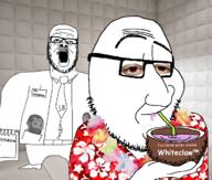 artist:hellcat clipboard closed_mouth clothes co_(4chan) coconut comic_sans doctor dr_soyberg drinking drinking_straw floral_shirt gigachad glasses hawaiian_shirt holding_object irl_background lei namefags necktie open_mouth padded_cell raised_eyebrow smirk soyjak stubble variant:a24_slowburn_soyjak variant:smugjak white_claw // 1197x1015 // 598.0KB