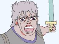 angry anime buff clothes ear grey_hair hair holding_object holding_sword jojos_bizarre_adventure jonathan_joestar open_mouth purple_eyes redraw soy_parody soyjak sword variant:feraljak weapon white_skin // 800x600 // 173.6KB