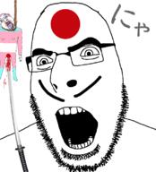 blood bloodshot_eyes crying flag flag:japan flag:transgender_pride_flag glasses hanging japan japanese_text open_mouth rope stubble sword tongue tranny variant:bernd variant:cobson weapon yellow_teeth // 720x794 // 77.7KB