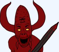 blood bloodletter chaos daemon demon khorne open_mouth orange_eyes soyjak stubble sword variant:el_perro_rabioso warhammer // 613x539 // 89.2KB