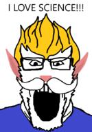 arcane blond blue_shirt ear glasses i_love looking_at_you mustache open_mouth text variant:markiplier_soyjak // 600x859 // 125.2KB