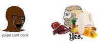 angry apple banana black_skin cooking crying food fruit glasses honey liver lychee meat milk nordic_chad open_mouth orange_(fruit) pineapple red_eyes strawberry stubble text variant:soyak white_skin yellow_hair // 2203x978 // 924.9KB