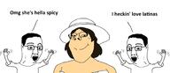 3soyjaks clothes hand hands_up hat open_mouth soyjak subvariant:gapejak_female text variant:chudjak variant:gapejak white_skin // 3000x1300 // 489.4KB