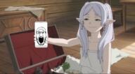 anime dress earrings elf frieren glasses green_eyes holding_object holding_phone indoors jewelery open_mouth phone pointy_ears smile smug sousou_no_frieren stubble twintails variant:markiplier_soyjak white_hair // 1170x645 // 881.9KB