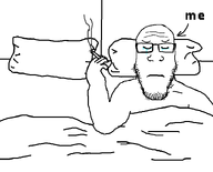 bed blanket cigarette closed_eyes closed_mouth crying glasses pillow series:me_and_your_mom smoke smoking subvariant:neutralplier variant:markiplier_soyjak white_background // 745x600 // 7.4KB