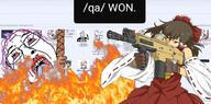 4chan anime bloodshot_eyes clothes crying female fire firearm flag gun hakurei_reimu holding_gun holding_object holding_rifle multiple_soyjaks mustache open_mouth purple_hair qa_(4chan) rifle rope screenshot soyjak suicide text tongue touhou tranny variant:bernd video_game weapon // 1024x509 // 102.4KB