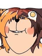 animal anthro blush brown_hair cat cat_ear egg fangs furry hair_clip nekotsuki_(character) orange_eyes orange_hair smile tan_skin variant:impish_soyak_ears white_sclera // 598x800 // 36.2KB