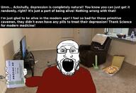 arm bong depression glasses holding_object irl_background meds open_mouth pizza prozac science soyjak stubble television text variant:markiplier_soyjak // 1170x804 // 124.2KB
