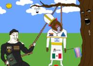 5soyjaks arm blood blood_drip bloodshot_eyes boylover_symbol brown_skin buff bwc catholic closed_mouth clothes crying demon demon_horns drawn_background ear flag:israel flag:lgbt_pride_flag flag:mexico flag:transgender_pride_flag full_body glasses grass hand hanging holding_object holding_rope irl leg lynching martin_luther noose on_jews_and_their_lies open_mouth outdoors pool_of_blood pope rope scat smeared_lipstick smile smug soyjak stubble subvariant:wholesome_soyjak sun template tongue tree variant:bernd variant:chudjak variant:cobson variant:feraljak variant:gapejak yellow yellow_skin yellow_teeth // 862x615 // 333.4KB