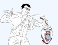 SOVL ack beheaded blood bloodshot_eyes buff classical_art_parody clothes crying david_and_goliath eyes glasses gore hair head looking_down neck robe rope series:chud's_hitman subvariant:muscular_chud sword teeth template tongue tongue_out variant:bernd variant:chudjak variant:gapejak variant:isaac weapon yellow_teeth // 2400x1862 // 108.8KB