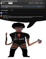 axe black_shirt blood brown_skin choker collar comment distorted glasses gore hair heart holding_axe holding_knife holding_object kneesocks knife leaking nigger panties pus red_lips self_harm speech_bubble stain subvariant:chudjak_front terrible_mouse variant:chudjak white_background wound youtube // 1013x1276 // 304.1KB