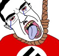 ack bloodshot_eyes clothes crying flag flag:nazi_germany glasses hair hanging mustache nazism open_mouth pol_(4chan) politics rope soyjak subvariant:patrick suicide swastika tongue variant:chudjak yellow_teeth // 768x719 // 304.3KB
