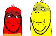 2soyjaks are_you_soying_what_im_soying dedicated_to_toonsoy larva looking_at_each_other red red_larva rest_in_peace_toonsoy smile soyjak stubble subvariant:wholesome_soyjak variant:a24_slowburn_soyjak variant:gapejak yellow // 1252x799 // 111.7KB