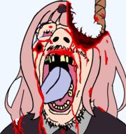blood bowtie chika_fujiwara gore hanging kaguya_sama_love_is_war missing_teeth pink_hair text tranny variant:isaac // 532x567 // 186.5KB