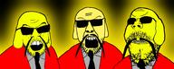 3soyjaks angry beard china clothes dog ear glasses mustache necktie open_mouth soyjak stubble suit sunglasses trend:glowie variant:feraljak variant:feraljak_front variant:gapejak yellow yellow_skin // 2490x1000 // 739.3KB