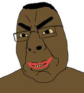 black_skin bloodshot_eyes brown_skin closed_mouth glasses hair nigger red_lips smile soyjak subvariant:chobson variant:cobson yellow_sclera yellow_teeth // 630x698 // 92.9KB
