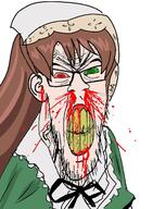 angry anime blood bloodshot_eyes brown_hair clenched_teeth clothes cracked_teeth ear female glasses green_eyes hair hat heterochromia mustache nosebleed red_eyes rozen_maiden soyjak stubble subvariant:feralrage suiseiseki variant:feraljak yellow_teeth // 892x1216 // 413.2KB