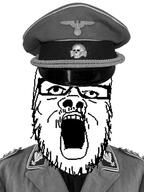 clothes collar_tabs epaulettes glasses hat hat_ornament military military_hat military_uniform mustache nazism open_mouth peaked_cap reichsadler soldier soyjak stubble totenkopf uniform variant:a24_slowburn_soyjak // 358x476 // 92.3KB