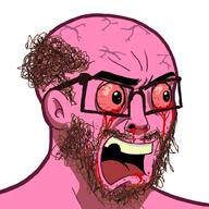 blood bloodshot_eyes ear glasses hair open_mouth pink_skin soyjak stubble variant:nujak // 1000x1000 // 245.4KB