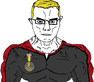 arm buff closed_mouth clothes ear glasses hair medal nate red_eyes soyjak subvariant:muscular_chud text transparent_background tshirt variant:chudjak vein yellow_hair // 1059x929 // 89.1KB