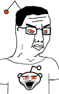 1soyjaks antenna arm big_lips black_hair body clothes eyebrows glasses hair lips nose orange_eyes reddit standing tshirt variant:chudjak variant:snoojak // 647x1031 // 82.9KB