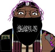 arab arm badge black_skin button explosive glasses hair hand holding_object isis islam map_(pedophile) mask nails painted_nails pedophile pocket purple_hair quran soyjak stubble suicide_bomber text tranny variant:bernd // 1007x960 // 213.5KB