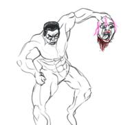 2soyjaks angry arm blood buff chud closed_mouth full_body glasses gore hand holding_object holding_severed_head open_mouth purple_hair redraw severed_head stubble tongue variant:bernd variant:chudjak // 451x429 // 86.4KB