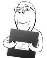 arm closed_mouth computer database glasses hand holding_object hugging smile soyjak stubble subvariant:wholesome_soyjak variant:gapejak // 560x689 // 104.7KB