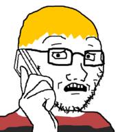 clothes glasses hand holding_phone nate open_mouth scared soyjak stubble subvariant:soyak_(concerned) teeth tshirt variant:soyak yellow_hair // 795x799 // 126.6KB