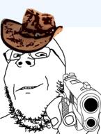 clothes cowboy_hat firearm glasses gun hand hat holding_gun holding_object holding_pistol pistol smile smirk smug soyjak stubble variant:gapejak weapon // 743x983 // 129.6KB