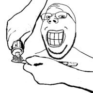arm closed_mouth glasses grin hand holding_object soyjak stubble subvariant:wholesome_soyjak toothbrush toothpaste variant:gapejak // 400x400 // 31.7KB
