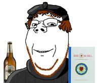 beard beer bible black_shirt bottle brown_eyebrows brown_hair cap christianity clothes coat eyebrows german_language german_text germanic germany glasses hair happy hat holy_bible looking_at_you luther_rose lutheran lutherbibel martin_luther protestant smile stare subvariant:wholesome_soyjak variant:gapejak // 1020x869 // 238.4KB
