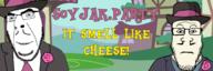 2soyjaks barneyfag cheese clothes don_turtelli glasses hat meta:banner mustache my_little_pony neutral soyjak_party stubble subvariant:neutralplier text variant:cobson variant:markiplier_soyjak // 2157x719 // 666.3KB