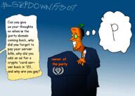 #stepdownfroot 'p beard clothes drawing dream emblem english_text froot frootist_new_order fuck_froot full_body glasses lectern necktie nervous oekaki old orange_skin political_cartoon politics smile soyjak stubble suit teeth text thought_bubble tuxedo variant:gapejak worried // 720x514 // 109.8KB