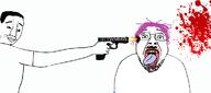 blood chud closed_mouth firearm glasses gun hair holding_gun holding_object holding_pistol mustache open_mouth pistol purple_hair shooting soyjak stubble tongue tranny variant:bernd variant:chudjak white_background yellow_hair yellow_teeth ywnbaw // 1166x515 // 192.9KB