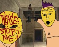 2soyjaks arm blood hair hand manhunt open_mouth pointing purple_hair soyjak text variant:two_pointing_soyjaks video_game yellow_skin // 1600x1265 // 448.4KB