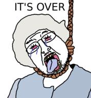 bloodshot_eyes clothes crying dead elizabeth_ii glasses hair hanging its_over mustache open_mouth redraw rope soyjak stubble suicide text tongue variant:bernd white_hair yellow_teeth // 878x948 // 23.4KB