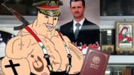 ak-47 arabic arabic_text araic_text arm army bashar_alassad buff christian_cross christian_identity christianity church elbow eyes face flag flag:syria happy holy_bible irl_background mge military military_cap mouth_closed muscles muscular_male nipple overals portrait smile soyjak syria tattoo variant:chudjak // 1336x751 // 1.7MB