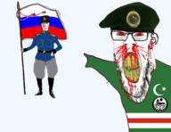 beret blood bloodshot_eyes blue_eyes cap chechnya christian_cross christian_identity christianity clenched_teeth clothes coat_of_arms flag:chechnya flag:ichkeria flag:russia flag_bearer hat islam islamic orthodox orthodox_cross orthodoxy pointing russia seething star_and_crescent subvariant:feralrage tshirt variant:feraljak wolf yellow_teeth // 569x438 // 219.2KB