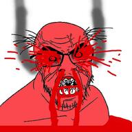 angry balding blood blood_from_eyes blood_from_mouth bloodshot_eyes cracked_teeth glasses gore head_steam rage red_eyes red_skin soyjak stubble subvariant:feralrage variant:feraljak // 1024x1024 // 683.3KB