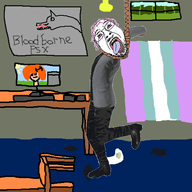 animated bloodborne bloodshot_eyes chair computer crying dance drawn_background flag full_body hair mustache open_mouth purple_hair rope soyjak suicide tongue tranny variant:bernd // 512x512 // 2.5MB